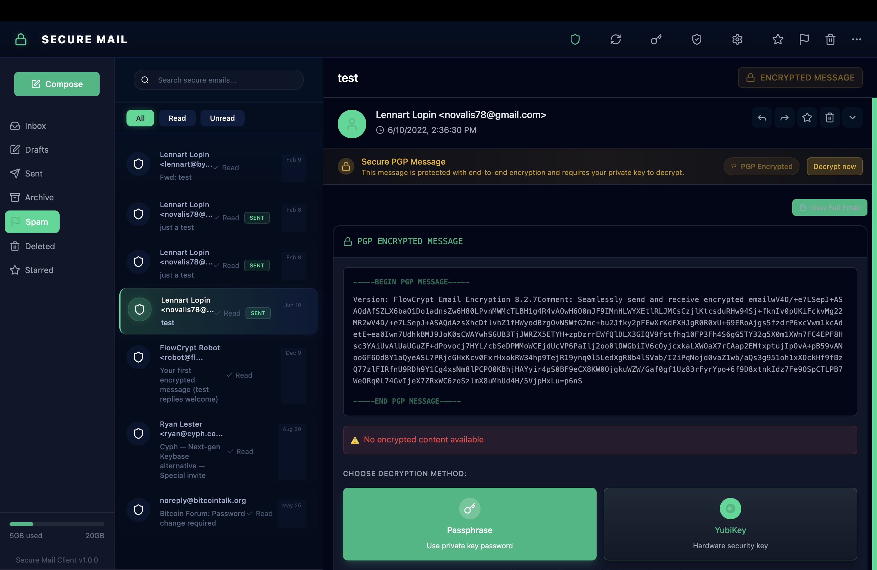 Secure Mail Client interface